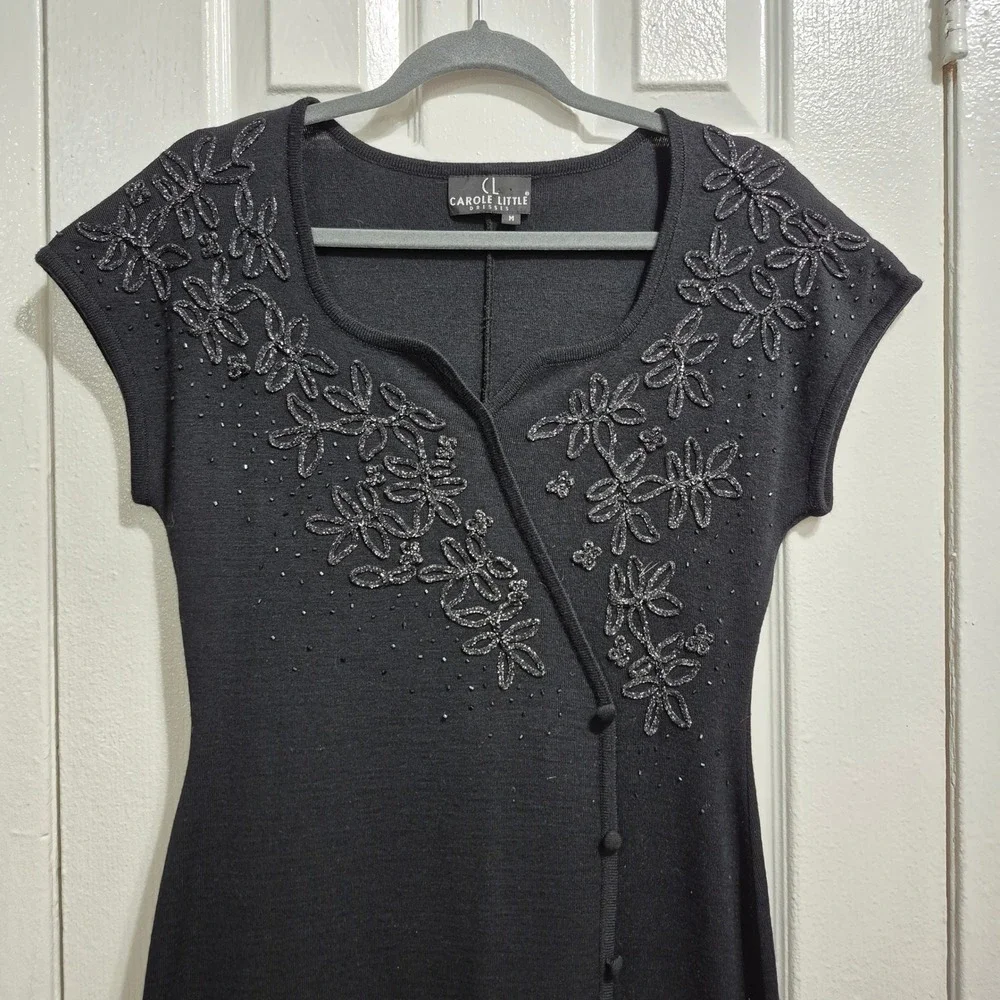 Carole Little Dresses Black Beaded Floral Knit Midi Dress Short Sleeve Womens M